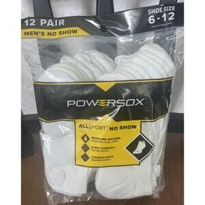 Powersox AllSport Men's No Show Socks 12 Pair White Size 6-12 NEW